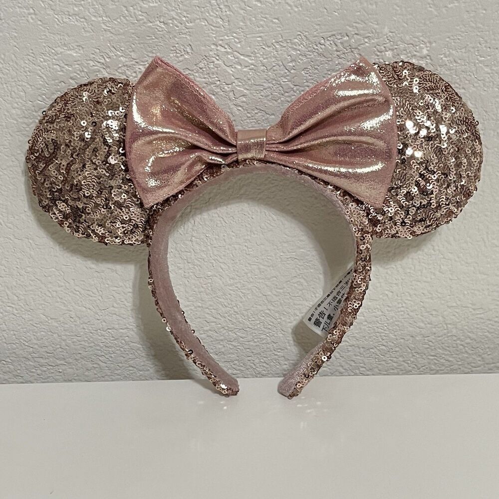 Disney Parks Minnie Mouse Ears Rose Gold Champagne Bow Sequin Headband